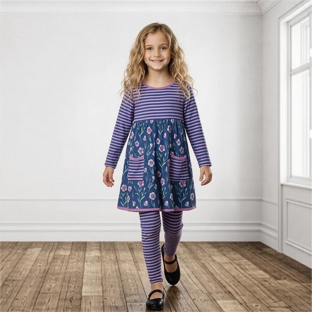 Millie Loves Lily Girls Purple Blue Floral Striped Dress and Leggings Set Size 6